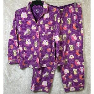 Nick & Nora Womens Pajama Set XL Purple Owl Fleece Button Up Pants Sleepwear